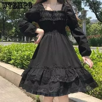 WTEMPO Черное панк-фея мини-кружевное платье женское Harajuku Kawaii Лолита платья темно-эстетическое готическое корейское повседневное платье для косплея S чёрный