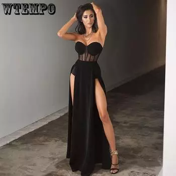 WTEMPO черное сетчатое лоскутное длинное платье без бретелек с корсетом женское летнее облегающее платье без рукавов с разрезом прозрачное вечерние клубное платье S чёрный