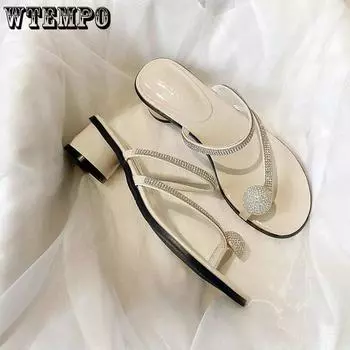 WTEMPO черные абрикосовые сандалии, женская верхняя одежда, женские летние повседневные сандалии большого размера со стразами на толстом низком каблуке 35 абрикосовый
