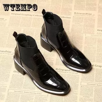 WTEMPO черные короткие ботинки, женские весенне-осенне-зимние плюшевые ботинки, зимние универсальные кожаные ботинки на толстом среднем каблуке 40 чёрный