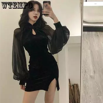 WTEMPO Черные платья Сексуальное мини-платье с боковым разрезом и рукавами-фонариками Облегающее платье с длинными рукавами Платье Y2k Уличная одежда Летнее платье S чёрный