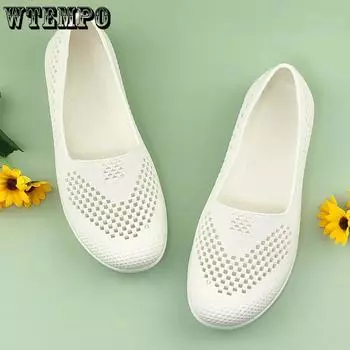WTEMPO черные полые дышащие плоские толстые каблуки нескользящие повседневные весенне-летние туфли женские большие размеры универсальные одинарные рабочие туфли без застежек 36 белый