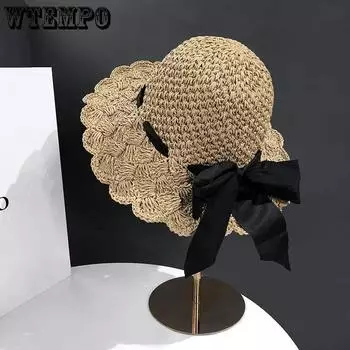 WTEMPO Черные широкополые женские однотонные солнцезащитные шляпы для отдыха на природе элегантные повседневные складные летние соломенные шляпы для путешествий на пляже 1pc хаки