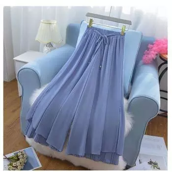 WTEMPO Chiffon Wide-leg Pants Summer Thin Nine Points Loose and Thin High Waist Versatile Solid Color Super Fairy Trouser L синий