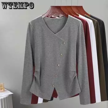 WTEMPO Чистый хлопок с длинным рукавом Женские весенне-осенние элегантные топы с V-образным вырезом однотонные облегающие повседневные универсальные рубашки на пуговицах M белый