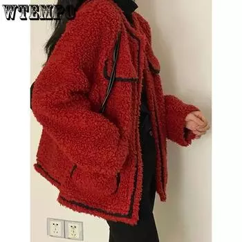 WTEMPO Christmas Red Coat Women s Thick Warm Autumn Winter Large Size Plush Jacket Turn-down Collar Streetwear Coat M красный