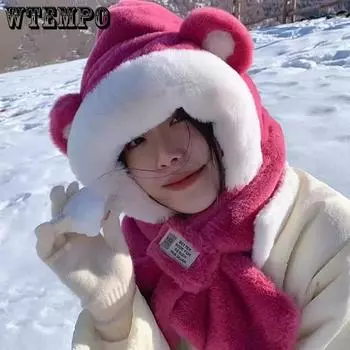 WTEMPO Cold-proof Windproof Cute Bear Scarf Hats Winter Thickened Plush Ear/Head Protection Outdoor Cycling Warm Skiing Hats One Size хаки