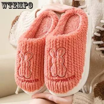 WTEMPO Cute Cartoon Rabbit Pattern Autumn Winter Soft Cotton Slippers Thick Flat Heel Indoor Plush Warm Large Size Slippers 36-37 красный