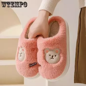 WTEMPO Cute Large Size Embroidery Autumn Winter Cotton Slippers Women Flat Thick Heel Home Plush Cashmere Warm Slippers 36-37 красный
