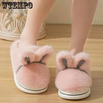 WTEMPO Cute Rabbit Hair Autumn Winter Cotton Slippers Women s Thick Bottom Indoor Home Plush Warm Slippers 36-37 розовый