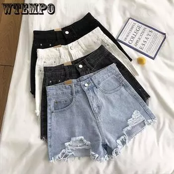 WTEMPO Джинсовые шорты женские с высокой талией, летние, новый стиль, корейские, свободные, с дырками и тонкими необработанными краями S белый
