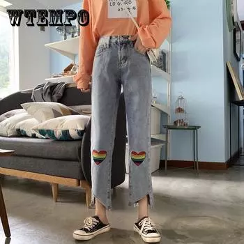 WTEMPO Design Sense Прямые джинсы с высокой талией First Love Свободные тонкие укороченные брюки с милой вышивкой Love XXL