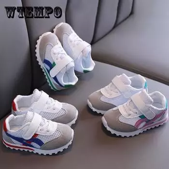 WTEMPO детская обувь для всех сезонов, спортивная обувь в полоску на мягкой подошве для мальчиков и девочек, нескользящая повседневная обувь с сеткой Prewalkers 30