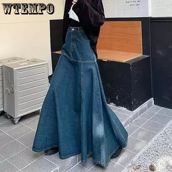 WTEMPO Длинная винтажная синяя джинсовая юбка женская весна-осень элегантная универсальная юбка с высокой талией «рыбий хвост» уличная одежда S синий
