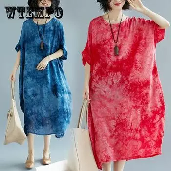 WTEMPO Длинное платье из хлопка и льна с короткими рукавами «летучая мышь» и круглым вырезом, повседневное женское платье до середины икры больших размеров, летнее платье One Size красный