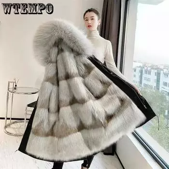 WTEMPO Длинные однотонные повседневные куртки с капюшоном для женщин, большие размеры, свободные съемные пальто с подкладкой из искусственного меха, зимние женские теплые длинные парки M золотой
