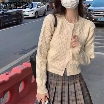 WTEMPO Длинные рукава Короткие вязаные кардиганы с пуговицами Женские О-образные вырезы Осень-зима Однотонные повседневные свитера для активного отдыха One Size красный