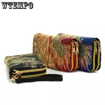 WTEMPO Двусторонние вышитые кошельки в этническом стиле, холщовые кошельки с вышивкой павлина и пайетками, длинные кошельки на молнии, сумки для мобильных телефонов 20*4*11cm чёрный