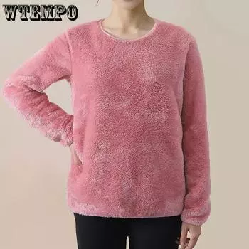 WTEMPO Двусторонний коралловый бархатный свитер с круглым вырезом и длинными рукавами, женская базовая домашняя одежда большого размера, зимняя универсальная шерстяная термоодежда M хаки
