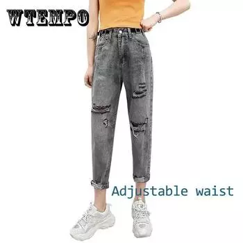 WTEMPO Дыра Гарем Брюки женщин Джинсы Loose Широкая нога Прямая джинсовая Большие карманные брюки Регулируемые Waist XXXXL чёрный