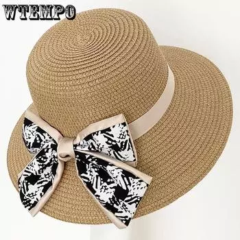WTEMPO Дышащая складная пляжная шляпа-бантик для защиты от солнца, женская весенне-летняя однотонная шляпа от солнца с широкими полями 1pc хаки