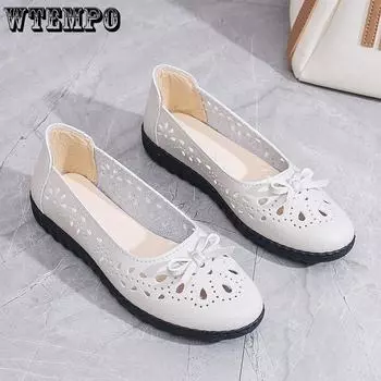 WTEMPO Дышащие женские одинарные туфли с полыми отверстиями. Удобная противоскользящая мягкая подошва с круглым носком. Универсальные темпераментные туфли на плоской подошве с бантиком для работы и отдыха. 35 чёрный