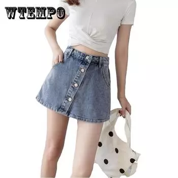 WTEMPO джинсовые шорты юбка женщины Джинсы упругие Waist Loose Широкая нога-лайн Офис клуб Случайные даты партии S чёрный
