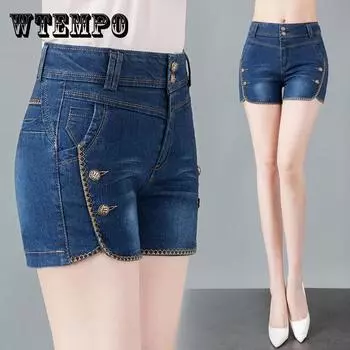 WTEMPO Джинсовые шорты Женская летняя одежда с эластичной резинкой и высокой талией, тонкие и универсальные повседневные прямые брюки 26 чёрный