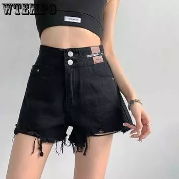 WTEMPO джинсовые шорты женские летние дышащие широкие брюки свободные тонкие супер шорты с высокой талией S чёрный