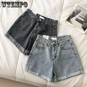 WTEMPO Джинсовые шорты женские летние тонкие дышащие широкие брюки свободные шорты с высокой талией S синий