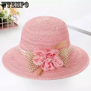 WTEMPO Elegant Flower Mesh Patchwork Sun Hats Women Solid Color Casual Wide Brim Holiday Travel Summer Hats 1pc абрикосовый