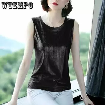 WTEMPO Elegant Shiny Ice Silk Sleeveless Vests Women s Spring Summer Loose Large Size Solid Color Outerwear Tops S белый