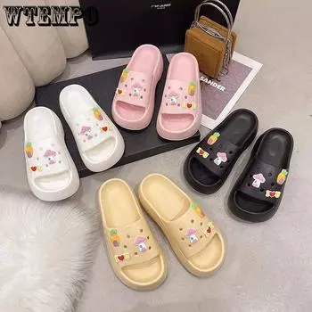 WTEMPO Женские тапочки из ЭВА, летние модные уличные модные милые тапочки с толстой подошвой, одно слово, домашние тапочки на плоской подошве с круглым носком, противоскользящие тапочки на большой мягкой подошве 36-37 чёрный