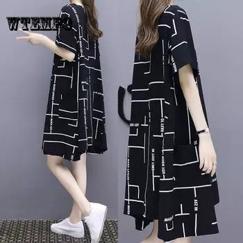 WTEMPO европейское платье женское лето 2019 корейская мода принт плюс размер длинное свободное тонкое платье с надписью XXXL