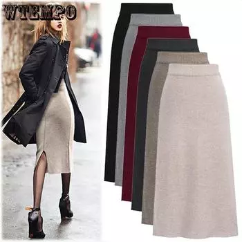 WTEMPO Модная женская женская элегантная одежда, новая шерстяная юбка, разделенная сумка, бедра, длинная юбка, шерстяная юбка S абрикосовый