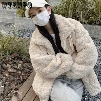 WTEMPO Faux Fur Coats Women s Fluffy Winter Korean Style Loose Stand Collar Sweet Thick Imitation Fur Coats M абрикосовый
