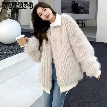 WTEMPO Faux Fur Zipper Coats Women s Autumn and Winter Thick Fluffy Fur Warm Loose Turn-down Collar Coats M абрикосовый
