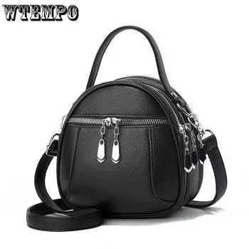 WTEMPO Female Multi Layer Solid Color Handheld Small Round Bags Office Ladies Zipper Crossbody Bag Soft Faux Leather Versatile Shoulder Bag 1pc чёрный