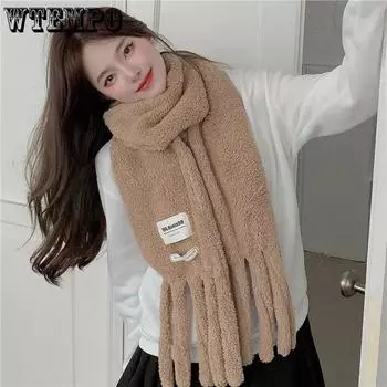WTEMPO Fluffy Pocket Scarf Women s Autumn Winter Cute Girl Lamb Wool Warm Thick Cold-proof Windproof Plush Tassel Scarves One Size бежевый