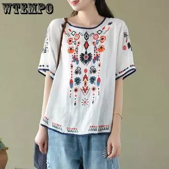 WTEMPO Футболки с коротким рукавом из хлопка и льна, женские свободные футболки большого размера в стиле ретро с круглым воротом, вышитые рубашки в этническом стиле на весну и лето M белый