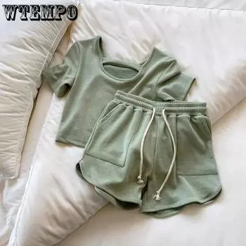 WTEMPO футболки с коротким рукавом + свободные шорты с высокой талией и широкими штанинами, женские весенне-летние спортивные шорты для бега, повседневный модный комплект из двух предметов S серый