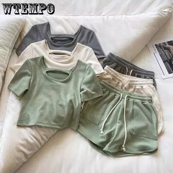 WTEMPO футболки с короткими рукавами + свободные широкие шорты с эластичной резинкой на талии, комплект из двух предметов, женский летний однотонный повседневный спортивный костюм для бега S абрикосовый