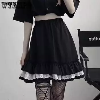 WTEMPO Готические кружевные мини-юбки с рюшами женские летние Harajuku Fairy Grunge черно-белые плиссированные юбки уличная одежда в стиле японской Лолиты S розовый