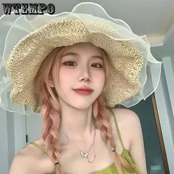 WTEMPO Хаки-бежевые элегантные кружевные соломенные шляпы с большими полями, женские летние каникулы, пляжные сетчатые солнцезащитные шляпы с морским жемчугом One Size бежевый