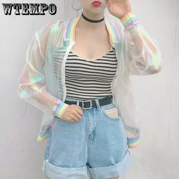 WTEMPO Harajuku летняя женская куртка лазерная радужная симфоническая голограмма женская повседневная прозрачная переливающаяся прозрачная солнцезащитная куртка One Size бежевый