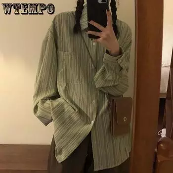 WTEMPO Harajuku полосатые рубашки женские винтажные корейские топы с длинными рукавами женские повседневные универсальные свободные светло-зеленые блузки на пуговицах S светло-зеленый