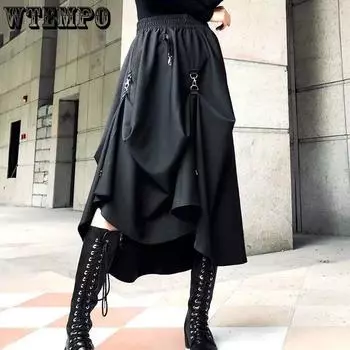 WTEMPO Harajuku, юбки в стиле панк, женские юбки с высокой талией и пряжкой, нерегулярная готическая юбка, черная уличная одежда в стиле хип-хоп, свободно регулируемая S чёрный