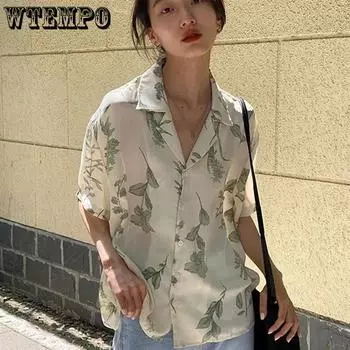 WTEMPO Harajuku уличная винтажная шикарная футболка с коротким рукавом и принтом женские повседневные свободные блузки с отложным воротником летние рубашки M светло-зеленый