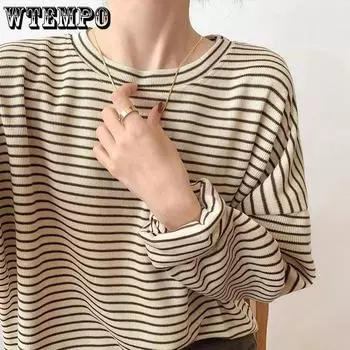 WTEMPO хлопковая футболка в кофейную полоску, женская свободная весенняя офисная женская повседневная шикарная универсальная футболка с длинными рукавами M кофейный