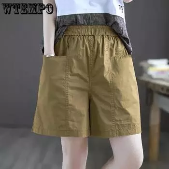 WTEMPO хлопковые шорты, женские свободные однотонные короткие широкие брюки, летние тонкие повседневные шорты с высокой эластичной резинкой на талии M белый